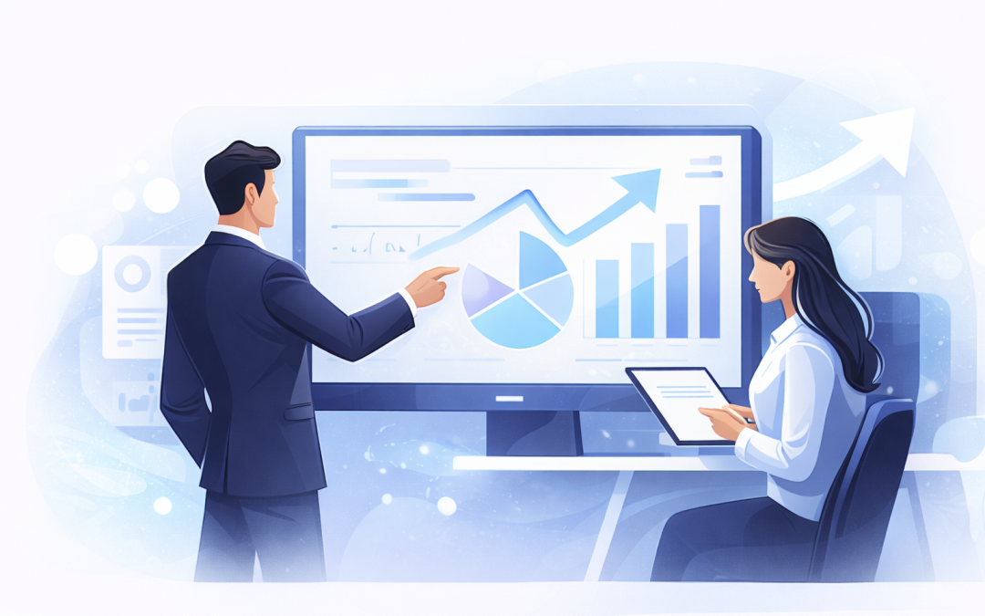 Illustration de deux professionnels analysant des graphiques de performance pour améliorer une stratégie digitale