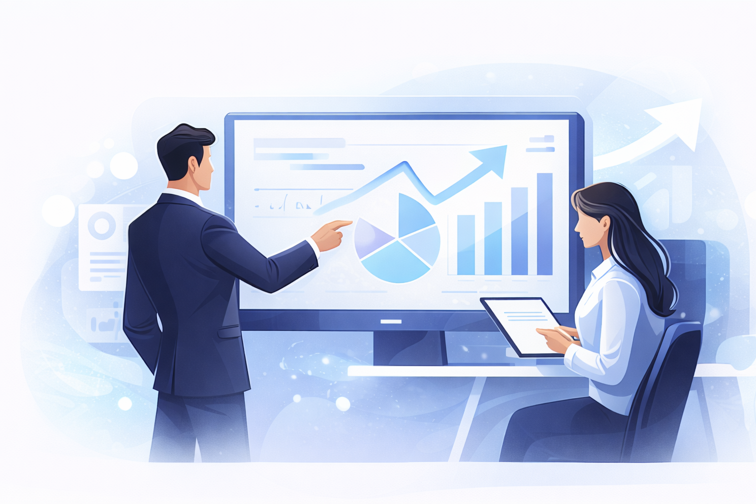 Illustration de deux professionnels analysant des graphiques de performance pour améliorer une stratégie digitale