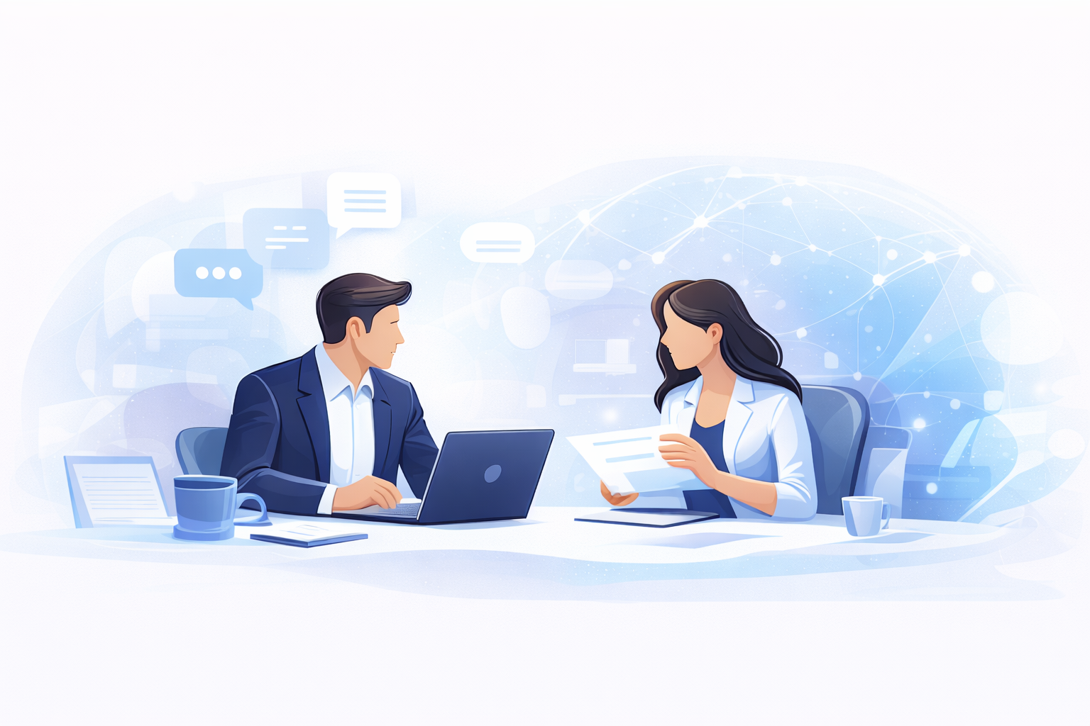 Illustration de deux professionnels en réunion autour d’un ordinateur pour représenter l’accompagnement digital et le partenariat client